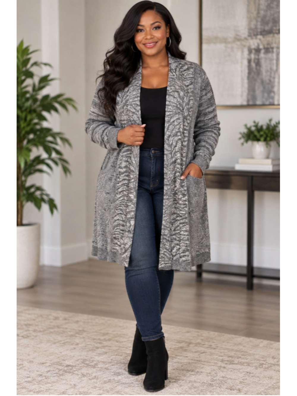 Zozo Grey White Patterned Open Front Cardigan Sweater Women’s Size XL